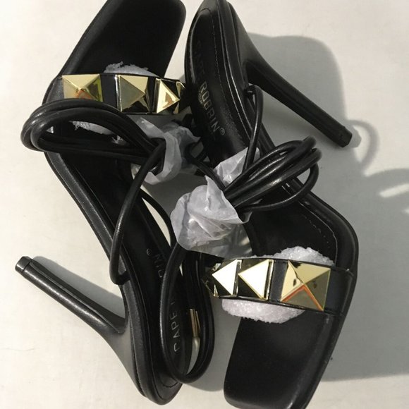 NWT CAPE ROBBIN AIGO GOLD STUDDED LACE UP‎ HEELS BLACK 5.5 - Picture 14 of 14
